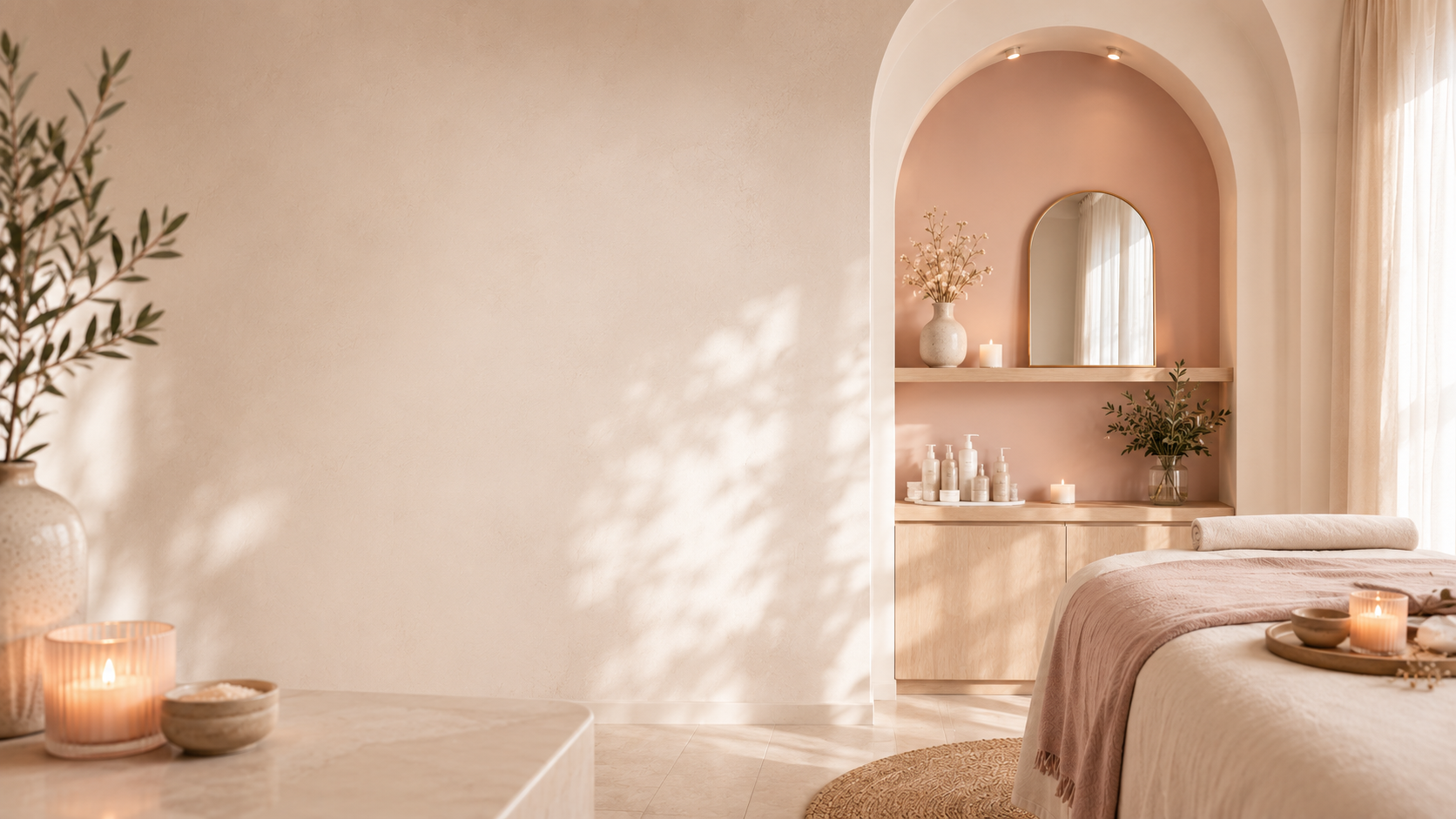La cabine de soin de l'institut : arche poudrée, table de massage, bougies et lumière douce