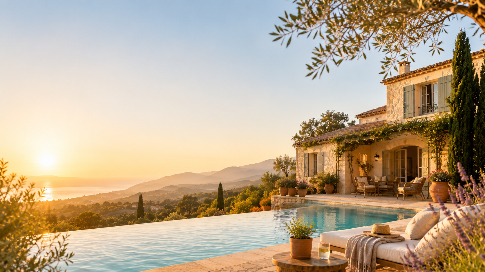 La villa au coucher du soleil : piscine à débordement face aux collines, oliviers et lavandes